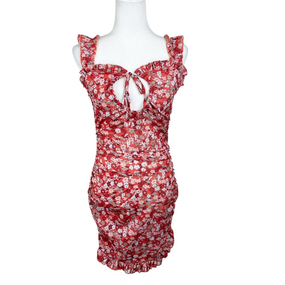 CBR Dress Women Small Orange Floral All Over Print Ruched Sleeveless Body Con